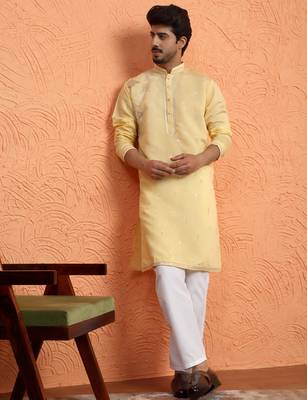 Mirror & thread embroidered cotton silk yellow kurta 5