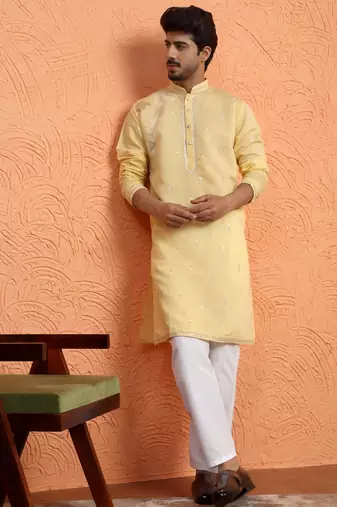 Mirror & thread embroidered cotton silk yellow kurta