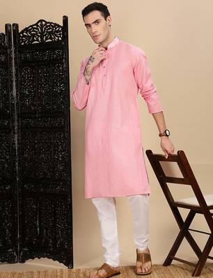 Light pink cotton textured kurta pajama for mens 2