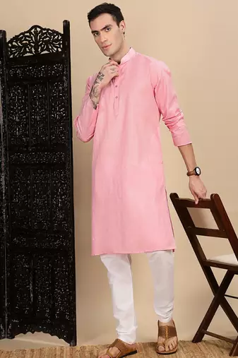 Light pink cotton textured kurta pajama for mens