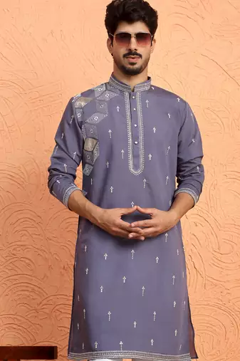 Mirror & thread embroidered cotton silk purple kurta