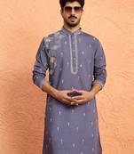Mirror & thread embroidered cotton silk purple kurta