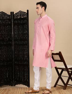 Light pink cotton textured kurta pajama for mens 3