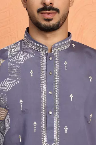 Mirror & thread embroidered cotton silk purple kurta