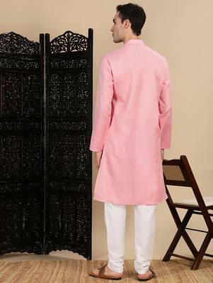 Light pink cotton textured kurta pajama for mens 4