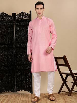 Light pink cotton textured kurta pajama for mens 5