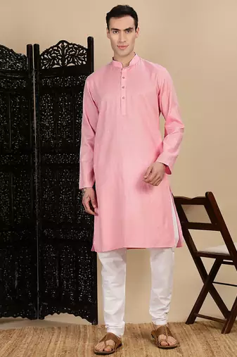 Light pink cotton textured kurta pajama for mens