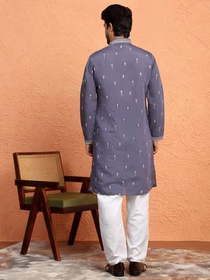 Mirror & thread embroidered cotton silk purple kurta 3