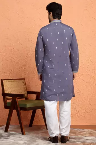Mirror & thread embroidered cotton silk purple kurta
