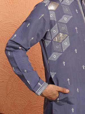 Mirror & thread embroidered cotton silk purple kurta 4