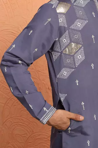 Mirror & thread embroidered cotton silk purple kurta