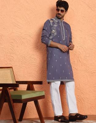 Mirror & thread embroidered cotton silk purple kurta 5