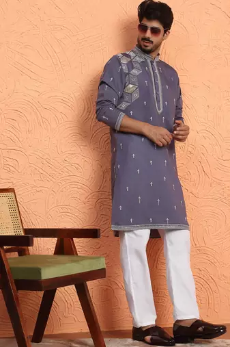 Mirror & thread embroidered cotton silk purple kurta