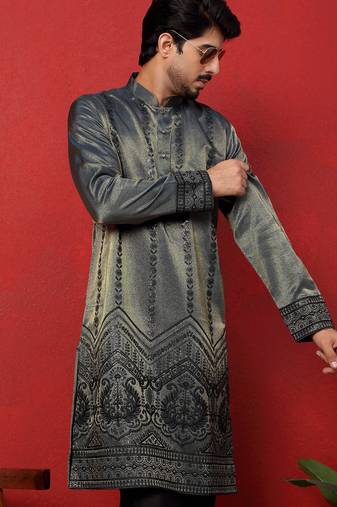 Embroidered and sequinced silk blue kurta