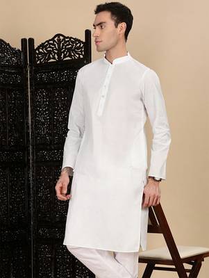 White cotton solid kurta pajama for mens 1