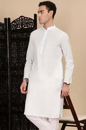 White cotton solid kurta pajama for mens