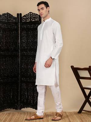 White cotton solid kurta pajama for mens 2