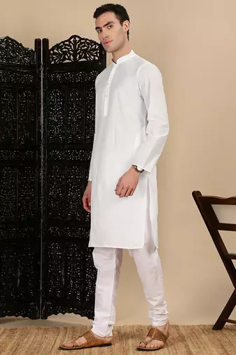 White cotton solid kurta pajama for mens