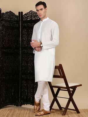 White cotton solid kurta pajama for mens 3