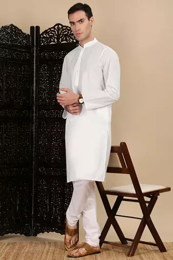 White cotton solid kurta pajama for mens