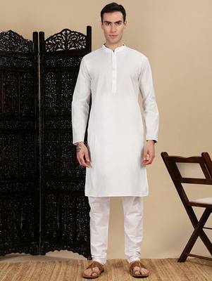 White cotton solid kurta pajama for mens 5