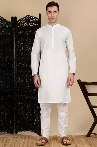 White cotton solid kurta pajama for mens