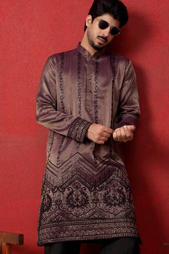 Embroidered and sequinced silk purple kurta