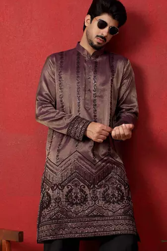 Embroidered and sequinced silk purple kurta