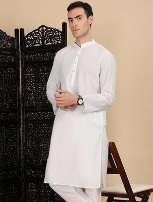 White cotton solid kurta pajama for mens 1