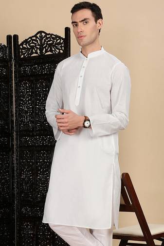 White cotton solid kurta pajama for mens