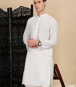 White cotton solid kurta pajama for mens