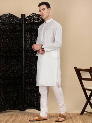White cotton solid kurta pajama for mens 2