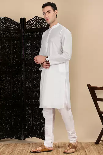 White cotton solid kurta pajama for mens