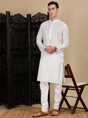 White cotton solid kurta pajama for mens 3