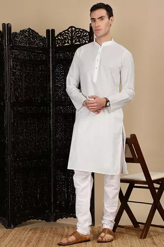 White cotton solid kurta pajama for mens