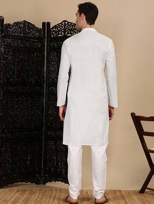 White cotton solid kurta pajama for mens 4