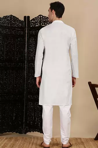 White cotton solid kurta pajama for mens
