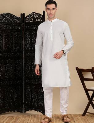 White cotton solid kurta pajama for mens 5