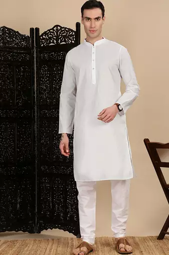 White cotton solid kurta pajama for mens
