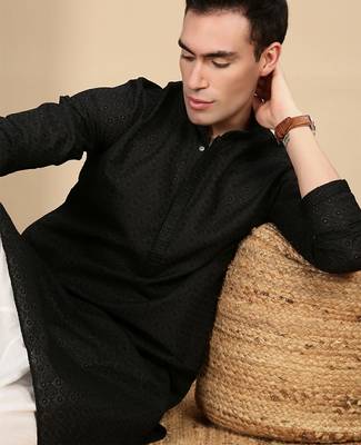 Black cotton chikankari kurta pajama for mens 1