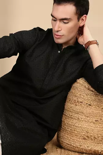 Black cotton chikankari kurta pajama for mens