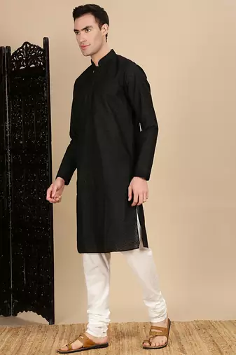 Black cotton chikankari kurta pajama for mens