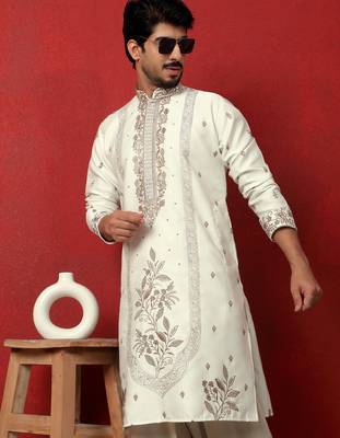 Cotton silk floral and zari embroidered cream kurta 1