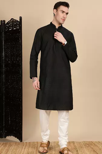 Black cotton chikankari kurta pajama for mens