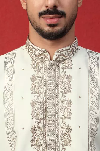 Cotton silk floral and zari embroidered cream kurta