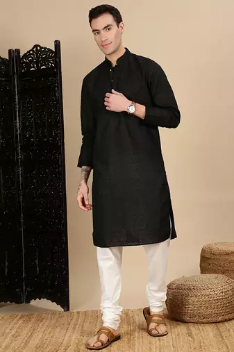 Black cotton chikankari kurta pajama for mens