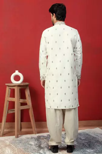 Cotton silk floral and zari embroidered cream kurta