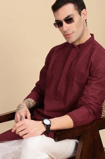 Maroon cotton chikankari kurta pajama for mens