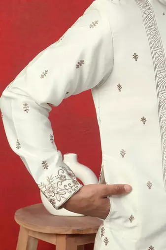Cotton silk floral and zari embroidered cream kurta