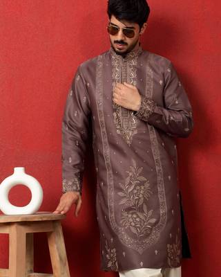 Cotton silk floral and zari embroidered mauve kurta 1